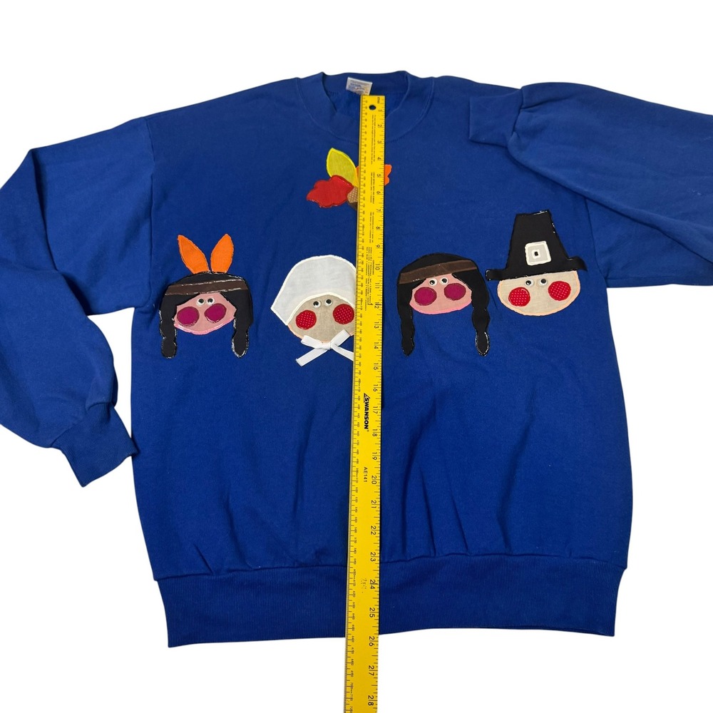 Vintage Thanksgiving Applique Sweatshirt Blue Womens Large USA Made 90s Jerzees - Picture 3 of 7